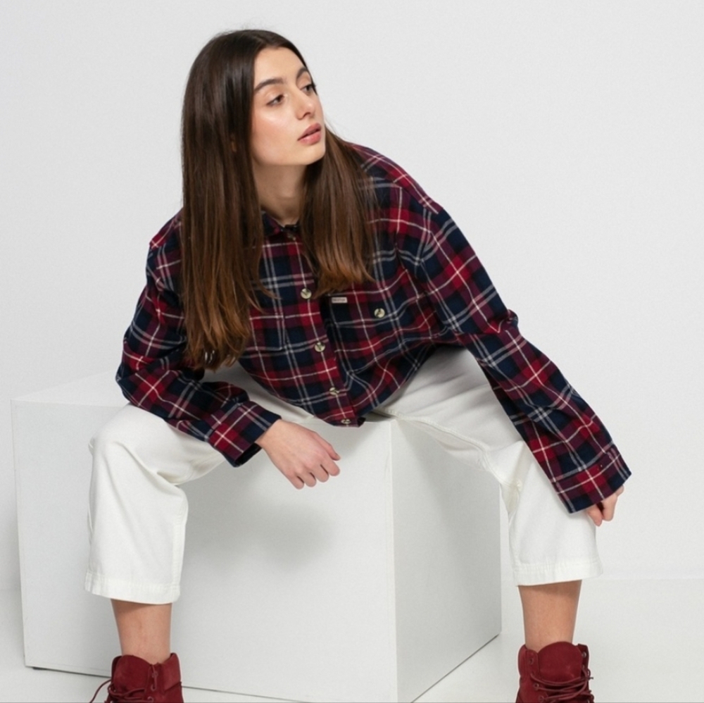 Brixton Bowery Cropped Plaid Button-Up Flannel Shirt/Shacket